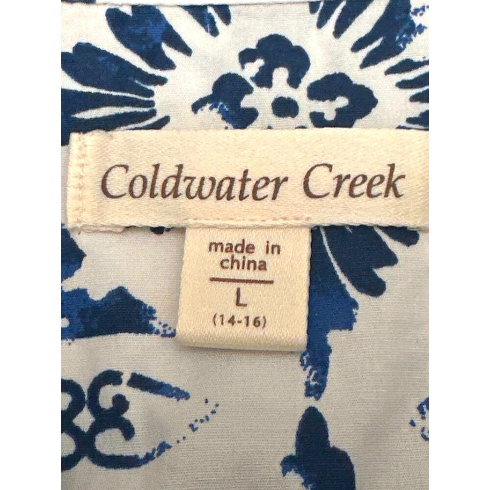 Coldwater Creek Womens L Blue White Floral Button Up Shirt Cotton Spandex Blend - Picture 4 of 8